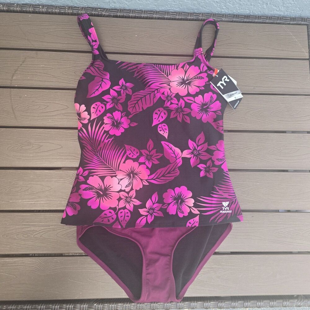 TYR Hawaiian Pink/burgundy Floral Tank W/ High waist Bottom Swim SZ 8 New Sample